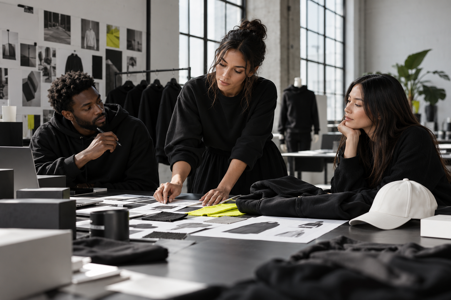 Monochrome campaign image of a creative team developing a collection together