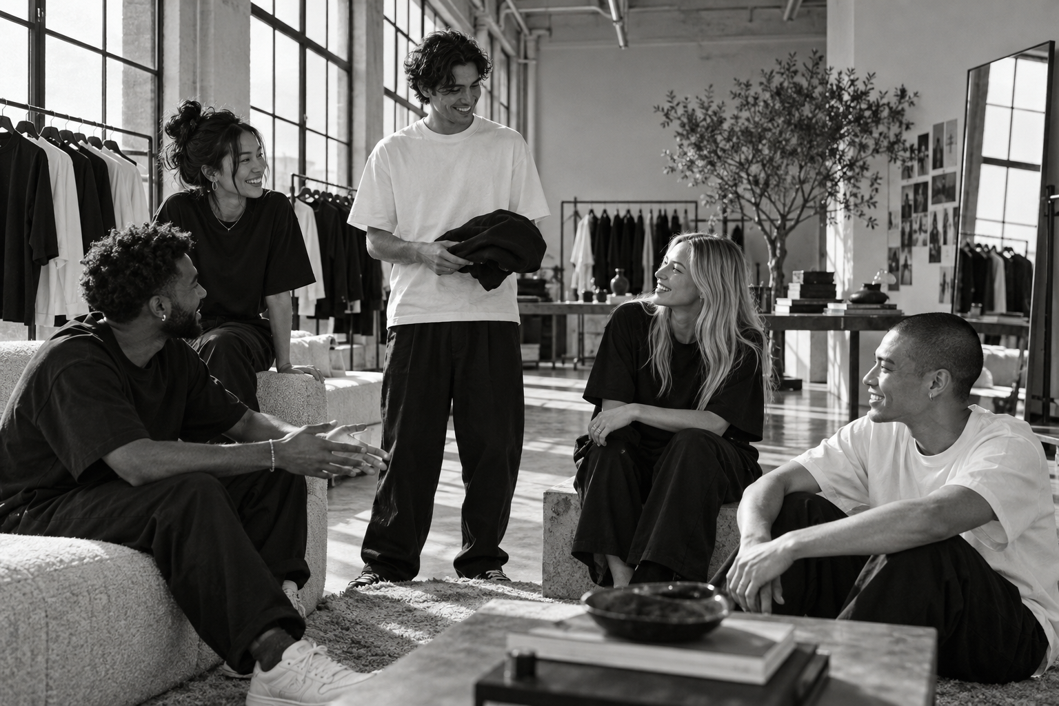 Black and white editorial scene of creative friends connecting in a brand showroom