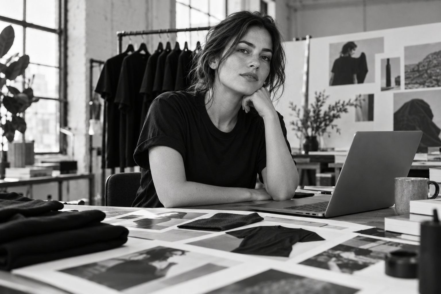 Black and white editorial portrait of an independent founder in her creative studio
